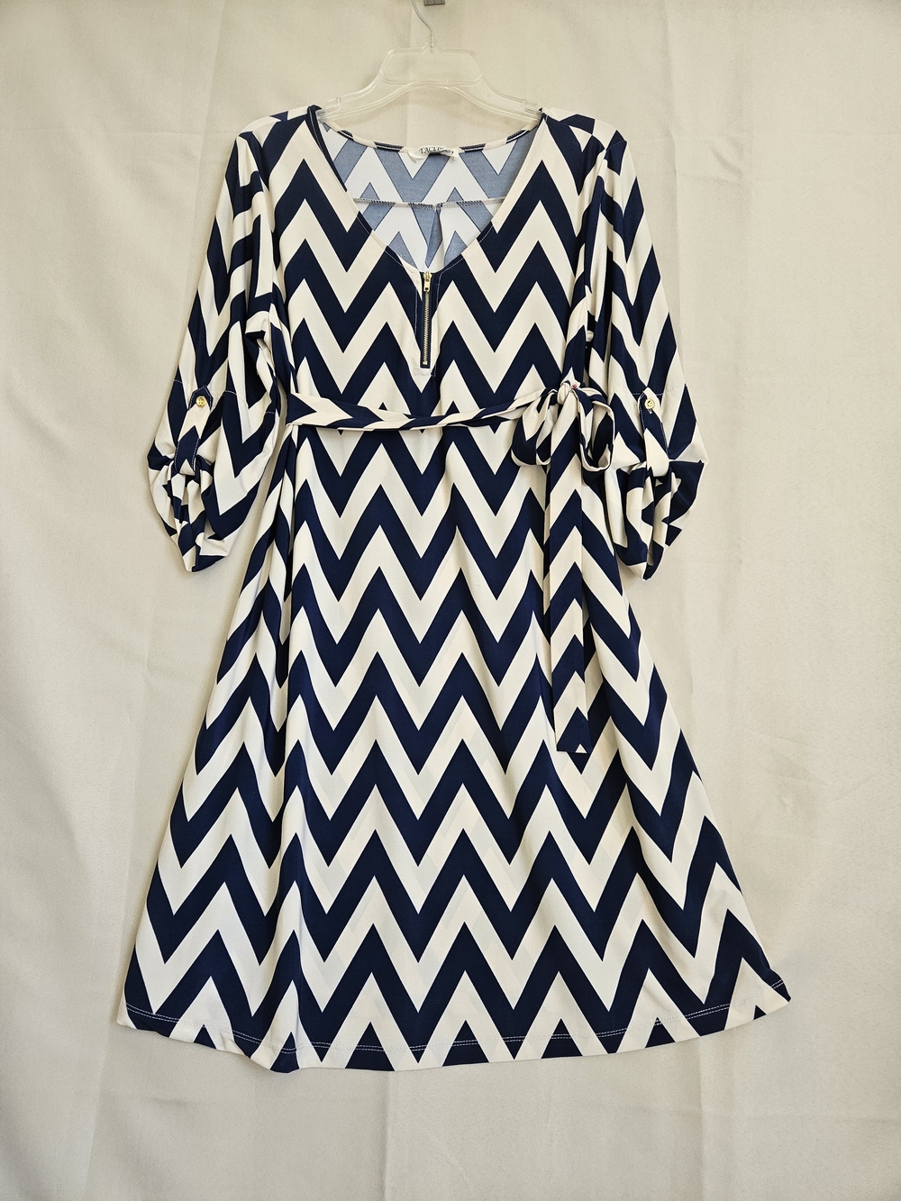 Tacera Navy and White Chevron Midi Dress with Belt - Picture 2 of 11